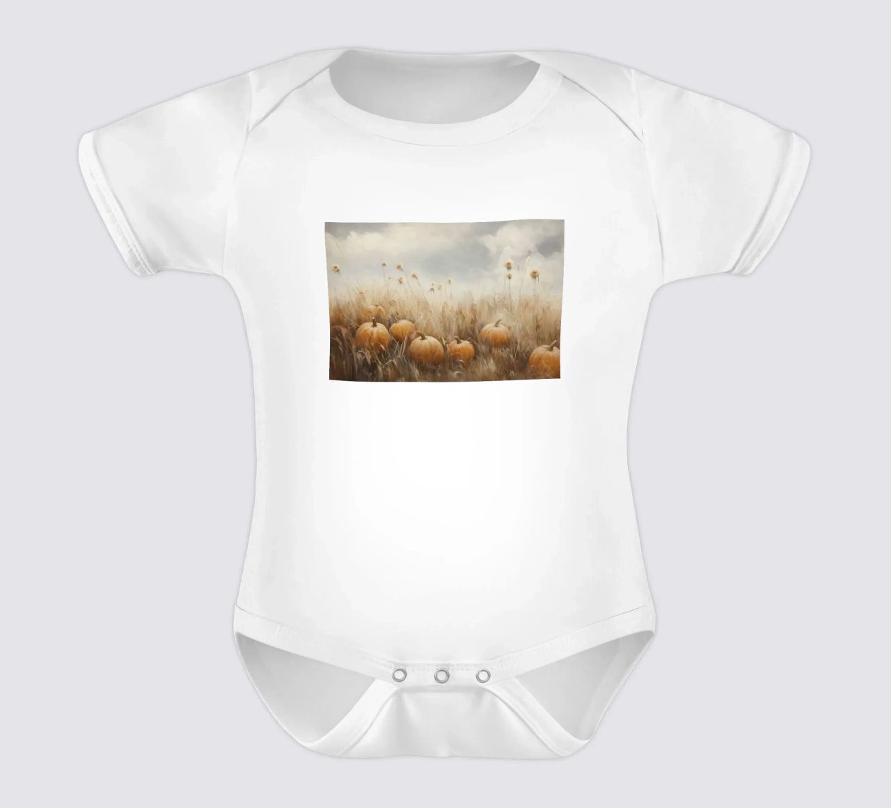 Zucche in un campo d'autunno body neonato maniche corte da Melloi Art Print
