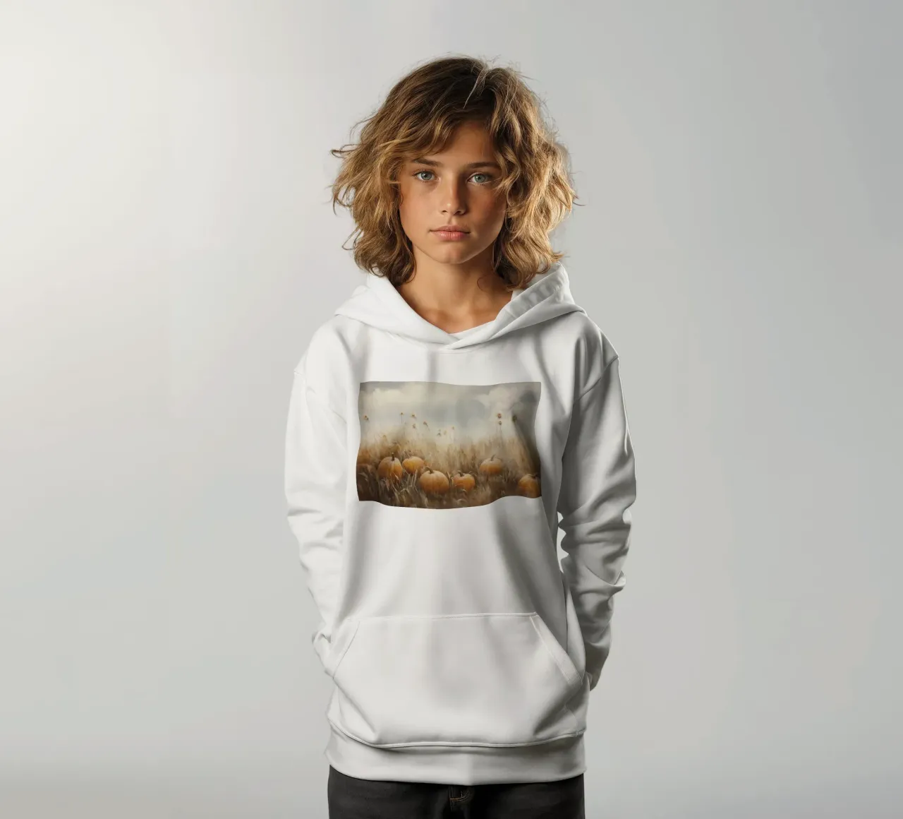 Zucche in un campo d'autunno felpa bambino con cappuccio da Melloi Art Print