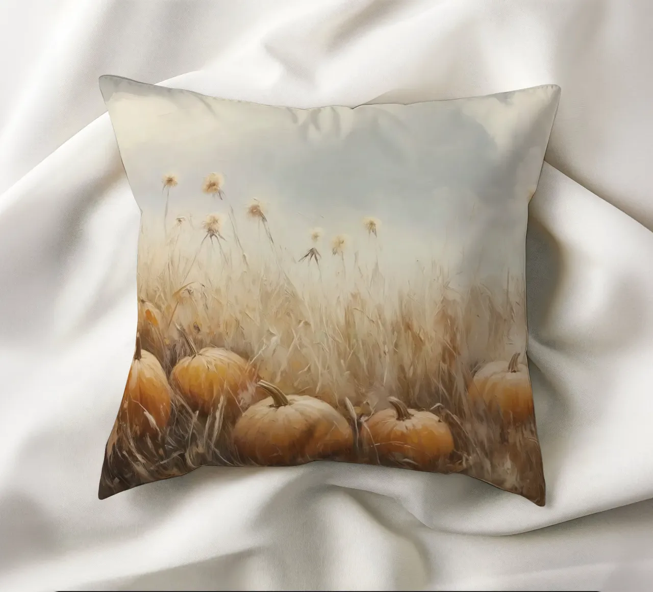 Zucche in un campo d'autunno cuscino da Melloi Art Print