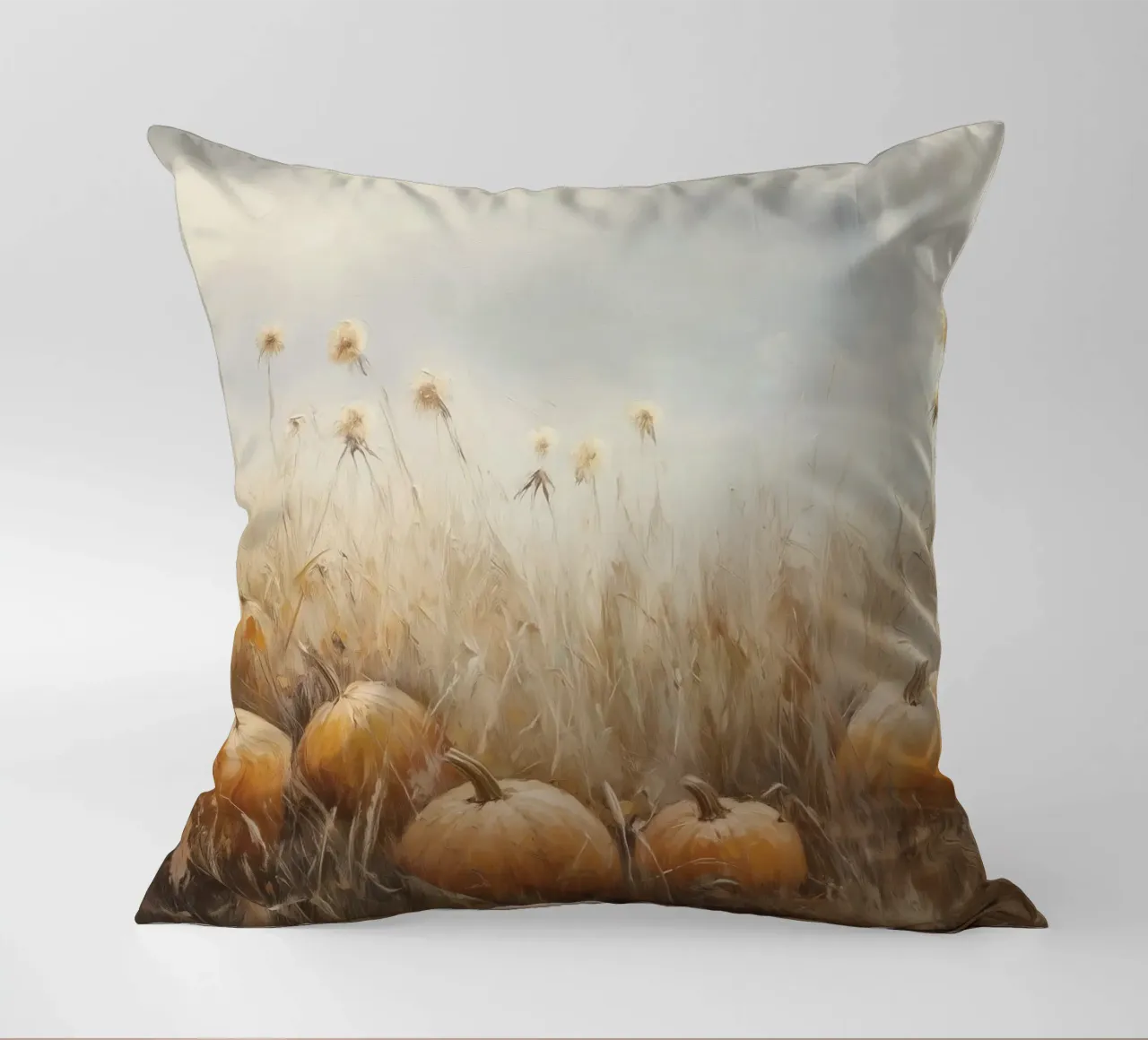 Zucche in un campo d'autunno cuscino da Melloi Art Print