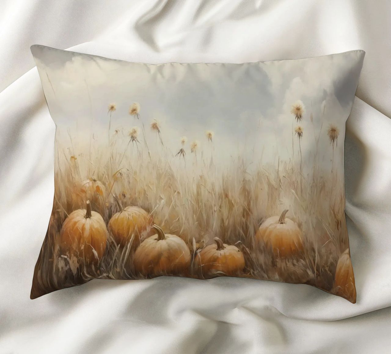 Zucche in un campo d'autunno cuscino da Melloi Art Print