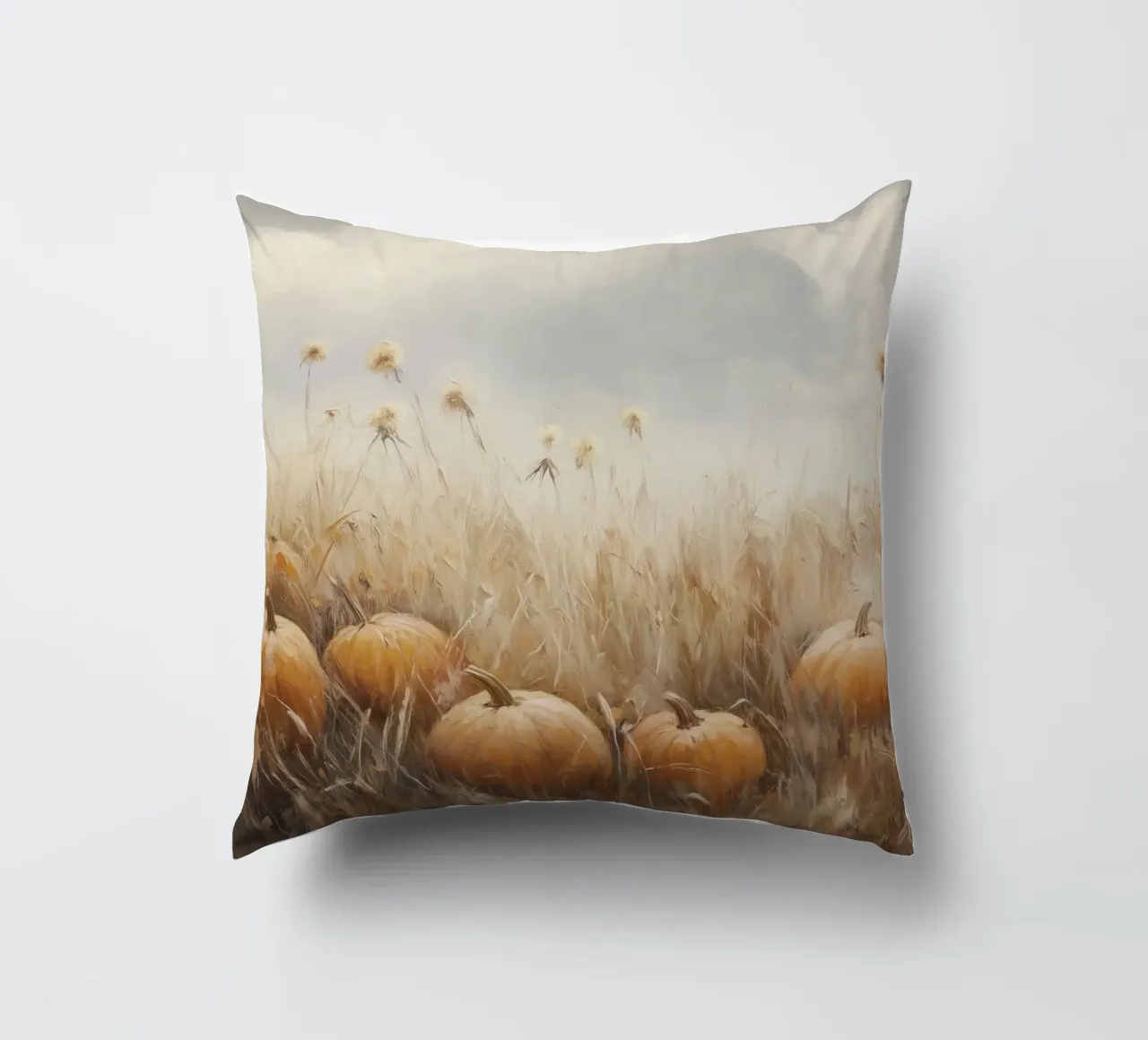 Zucche in un campo d'autunno cuscino da Melloi Art Print