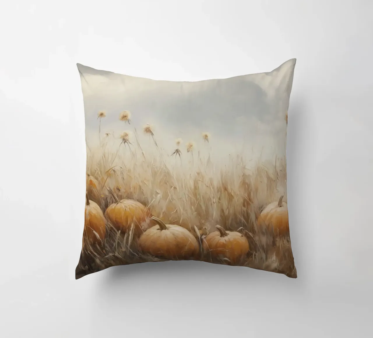 Zucche in un campo d'autunno cuscino da Melloi Art Print