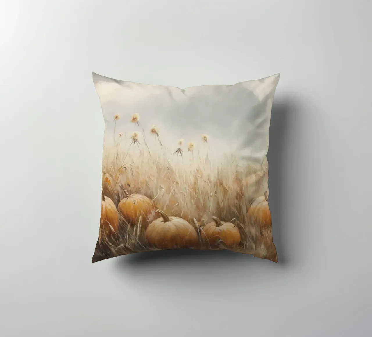 Zucche in un campo d'autunno cuscino da Melloi Art Print