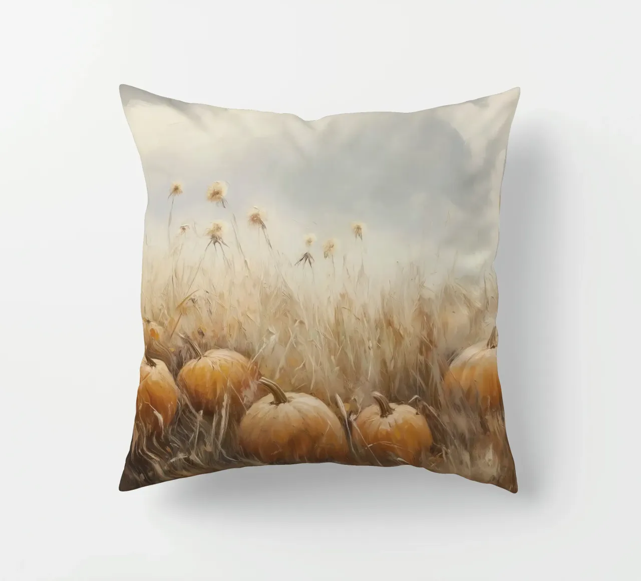 Zucche in un campo d'autunno cuscino da Melloi Art Print