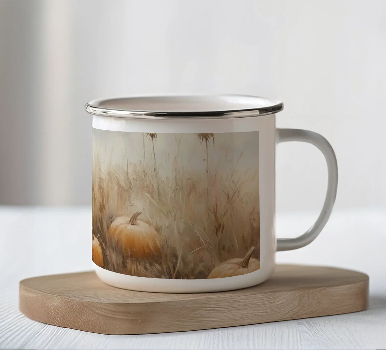 Zucche in un campo d'autunno tazza in smalto da Melloi Art Print