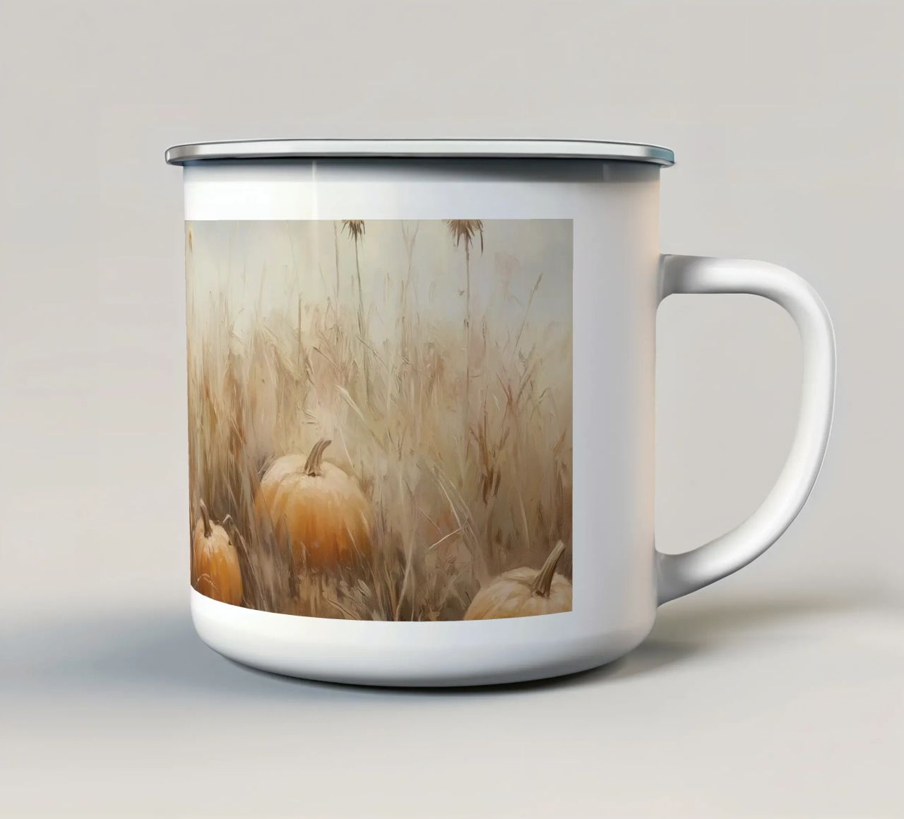 Zucche in un campo d'autunno tazza in smalto da Melloi Art Print