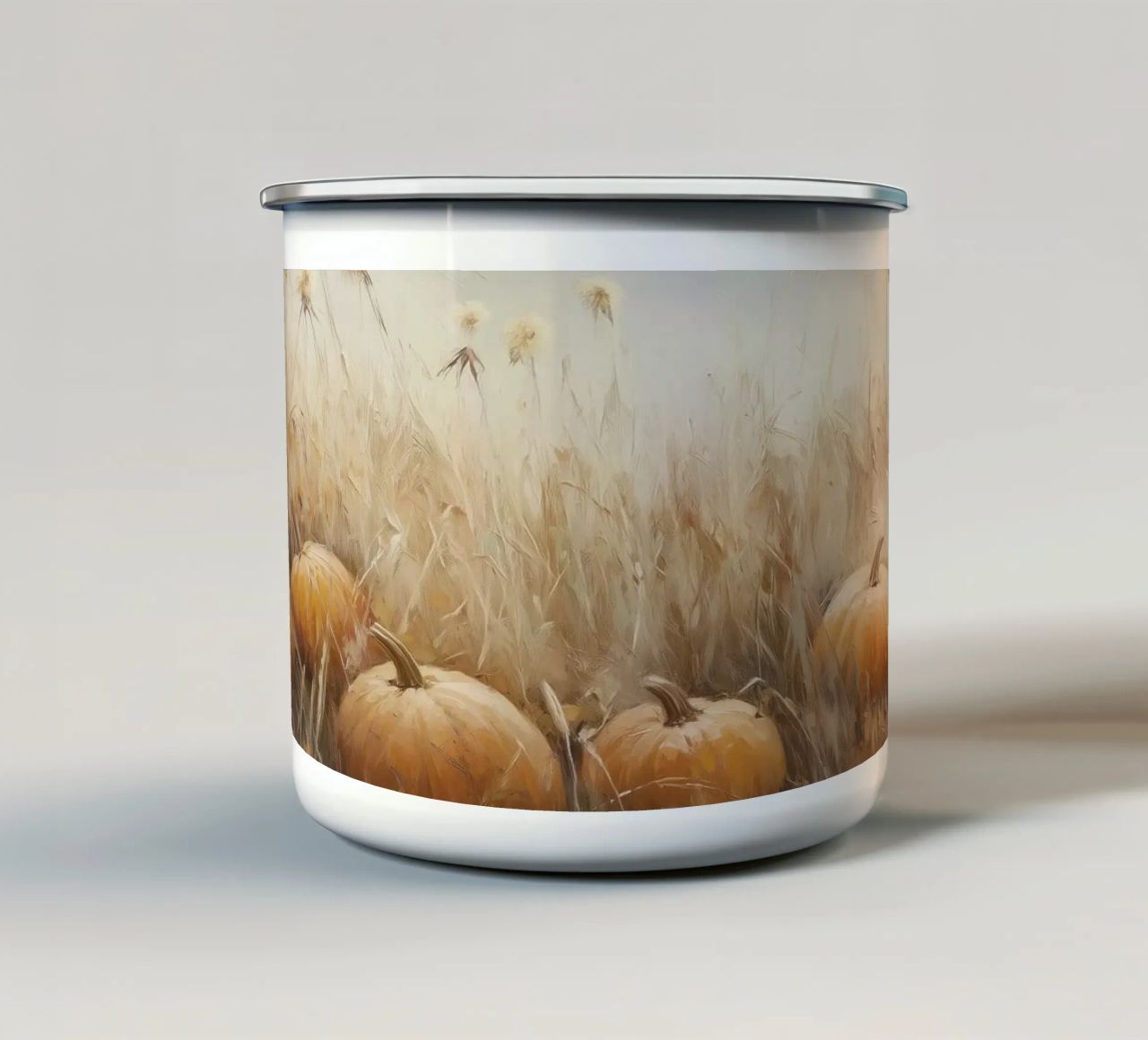 Zucche in un campo d'autunno tazza in smalto da Melloi Art Print