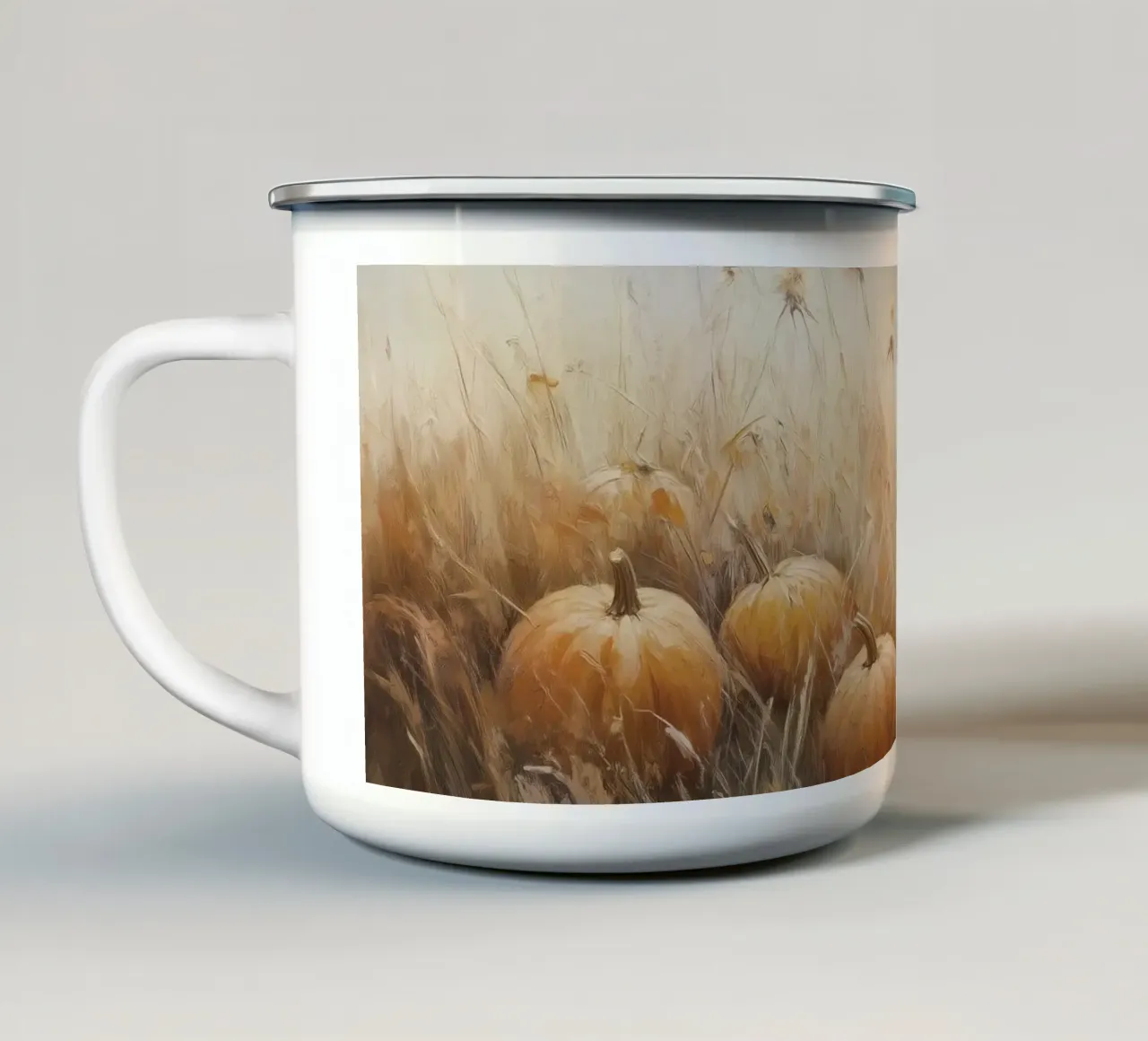 Kürbisse in einem Herbstfeld Emaille Tasse von Melloi Art Print