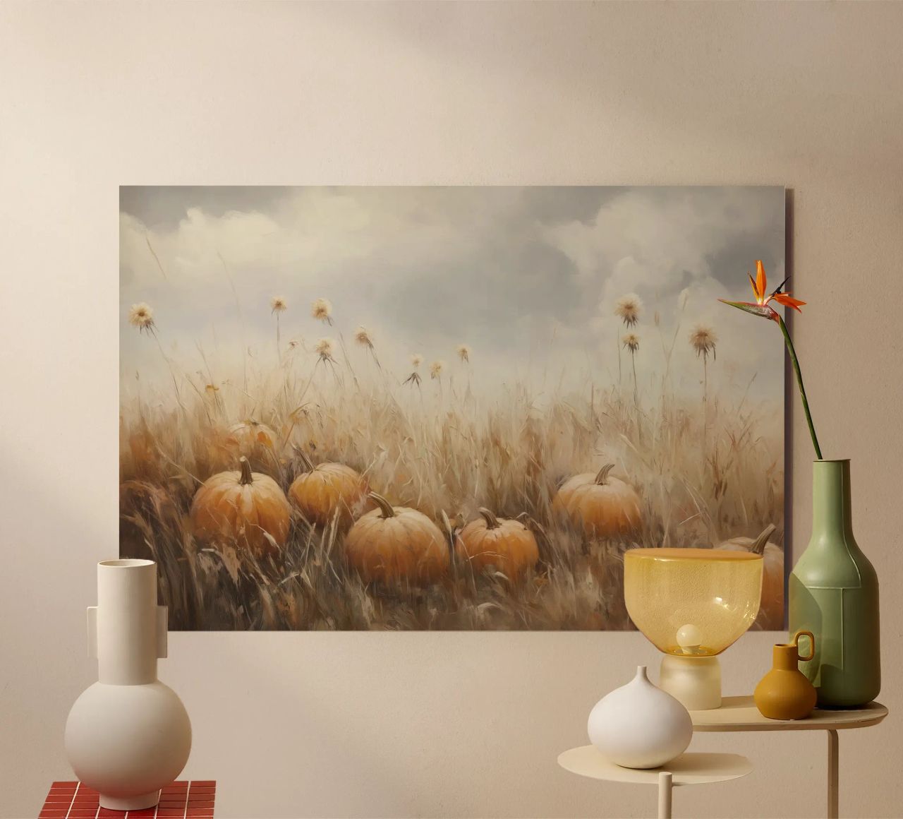Zucche in un campo d'autunno alluminio dibond da Melloi Art Print