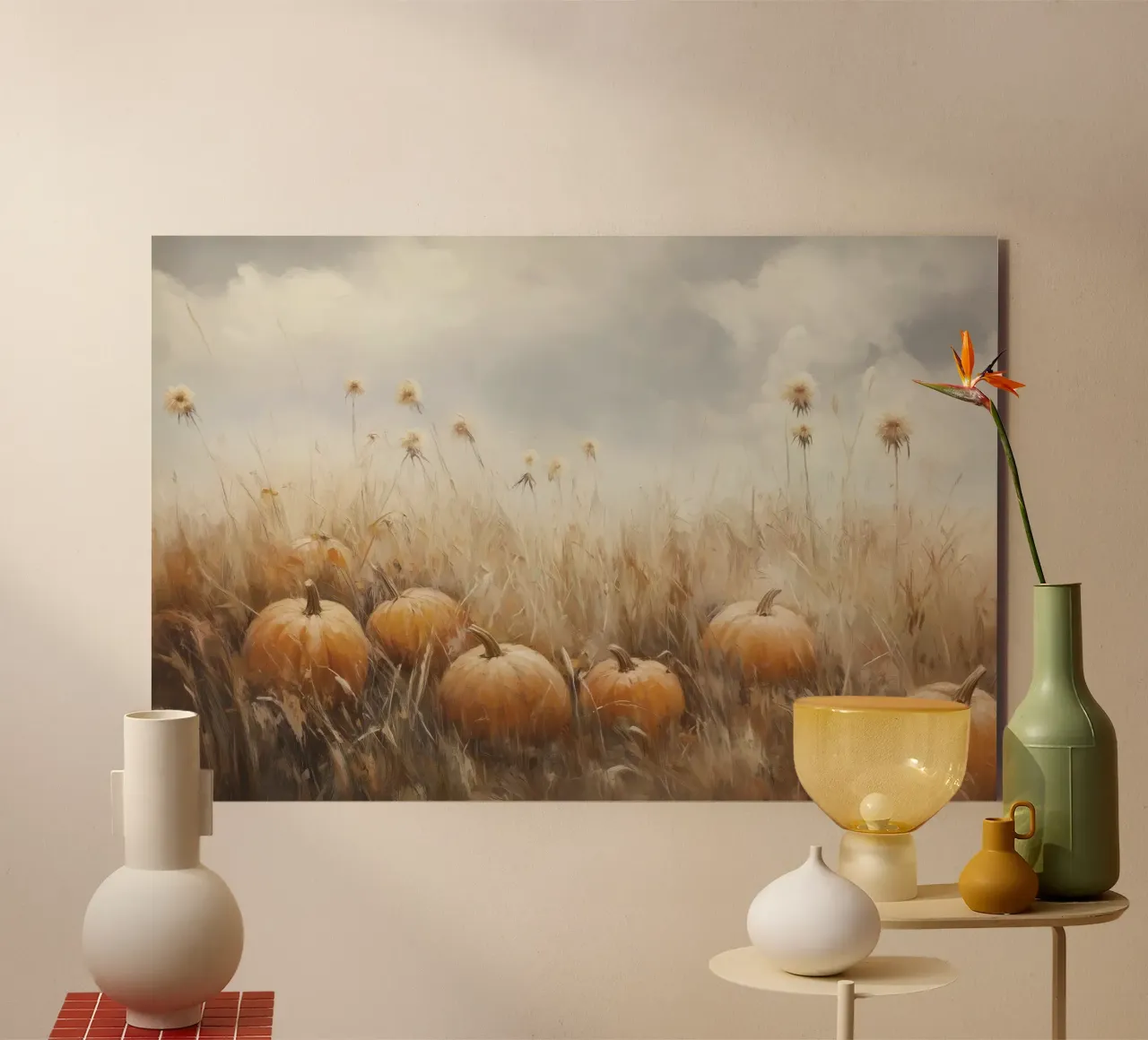 Zucche in un campo d'autunno alluminio dibond da Melloi Art Print