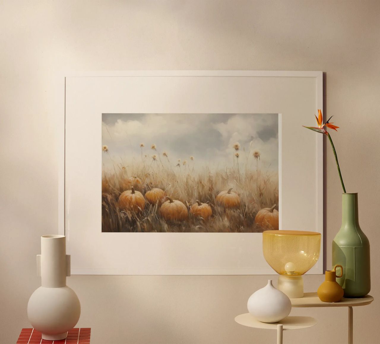 Zucche in un campo d'autunno carta hahnemühle da Melloi Art Print