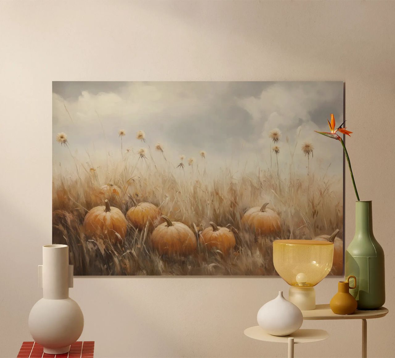Zucche in un campo d'autunno carta hahnemühle da Melloi Art Print