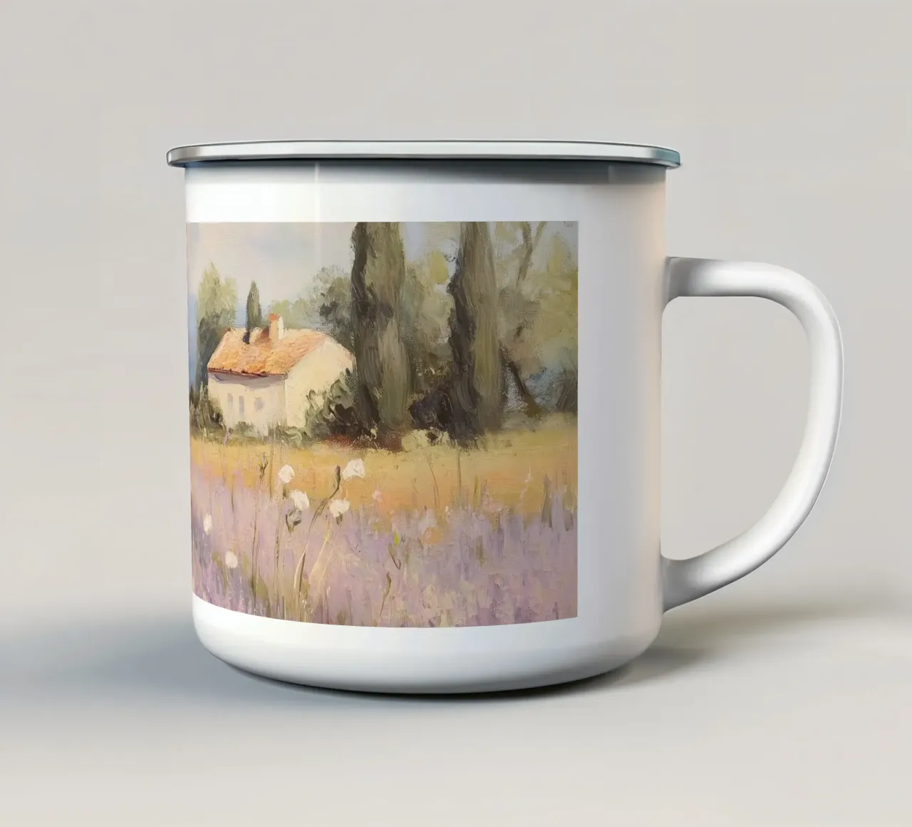 Campo di lavanda con cottage tazza in smalto da Melloi Art Print