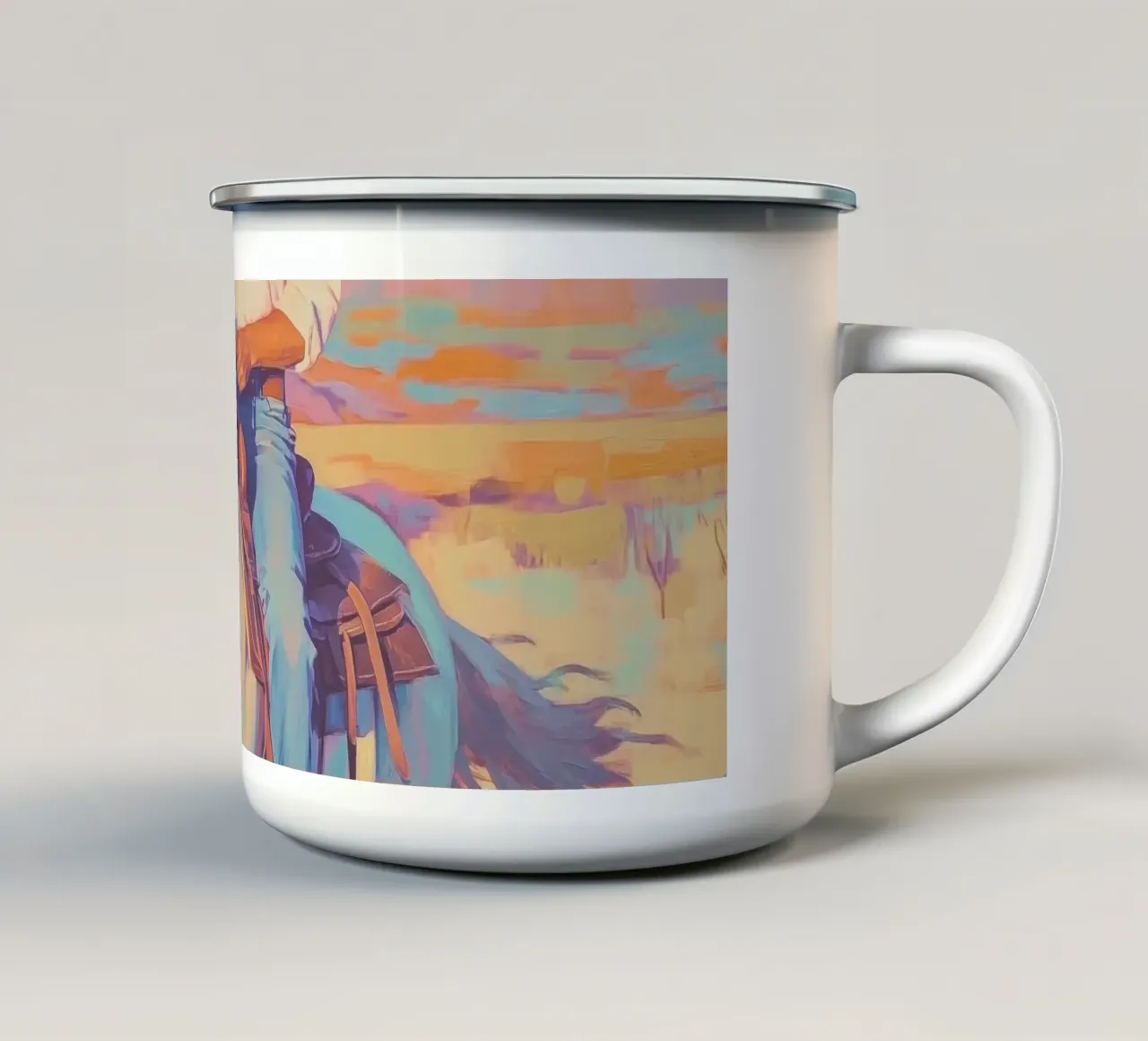 Cavaliere colorato al tramonto tazza in smalto da Melloi Art Print