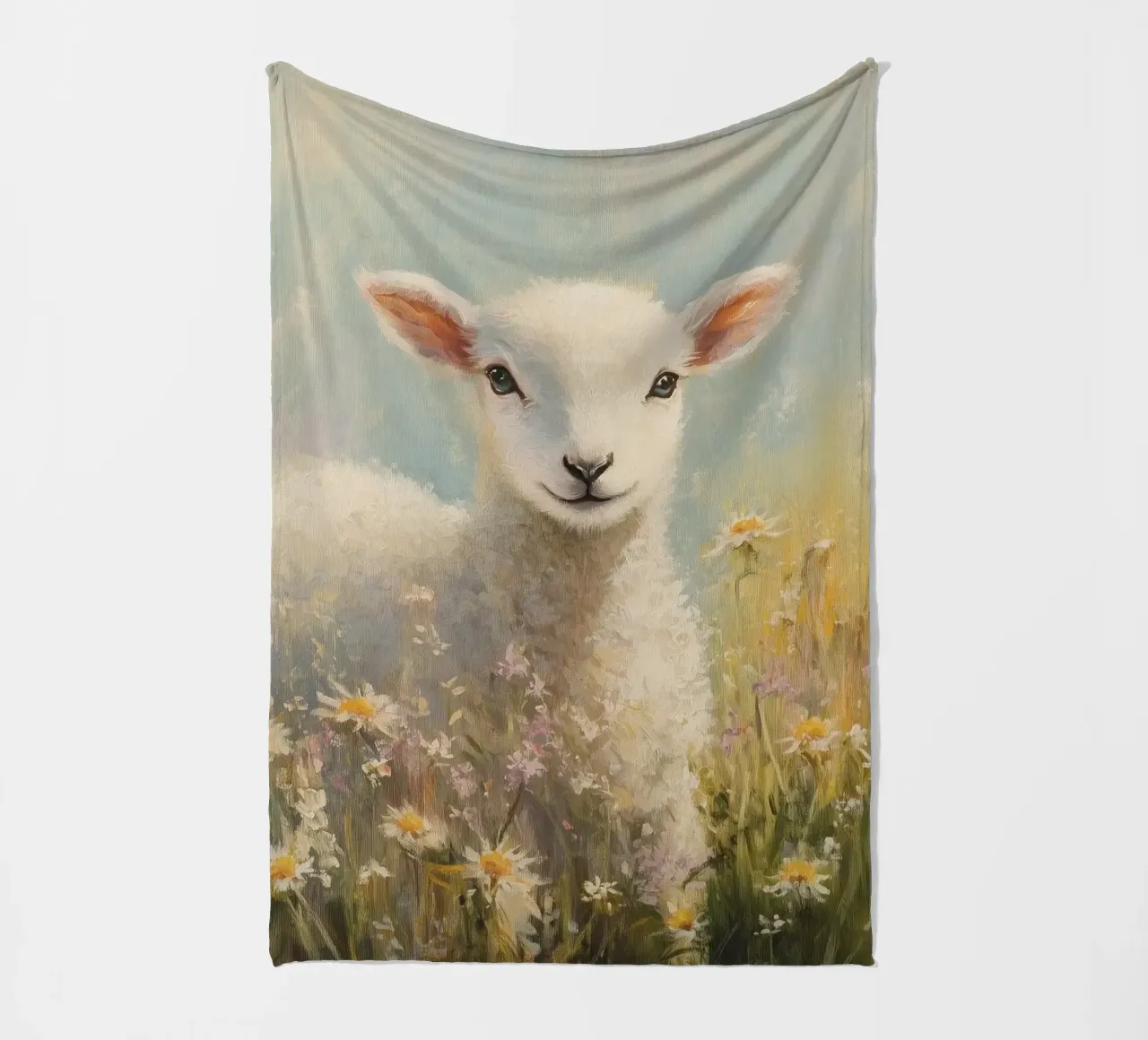 Agnello in un campo di fiori selvatici coperta in pile da Melloi Art Print
