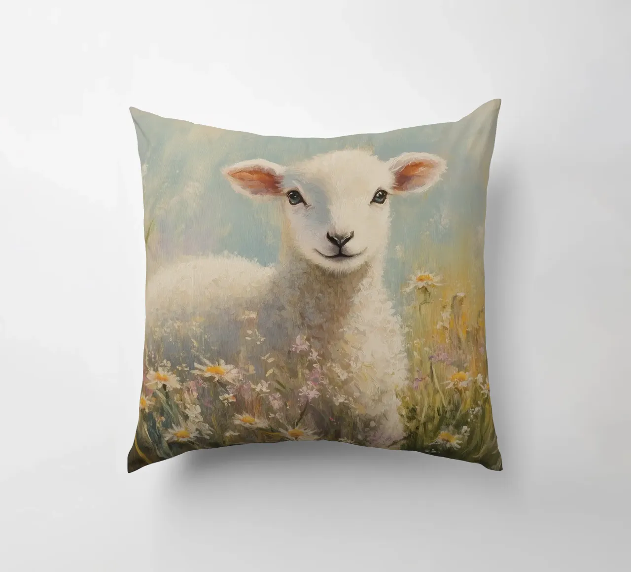 Agnello in un campo di fiori selvatici cuscino da Melloi Art Print