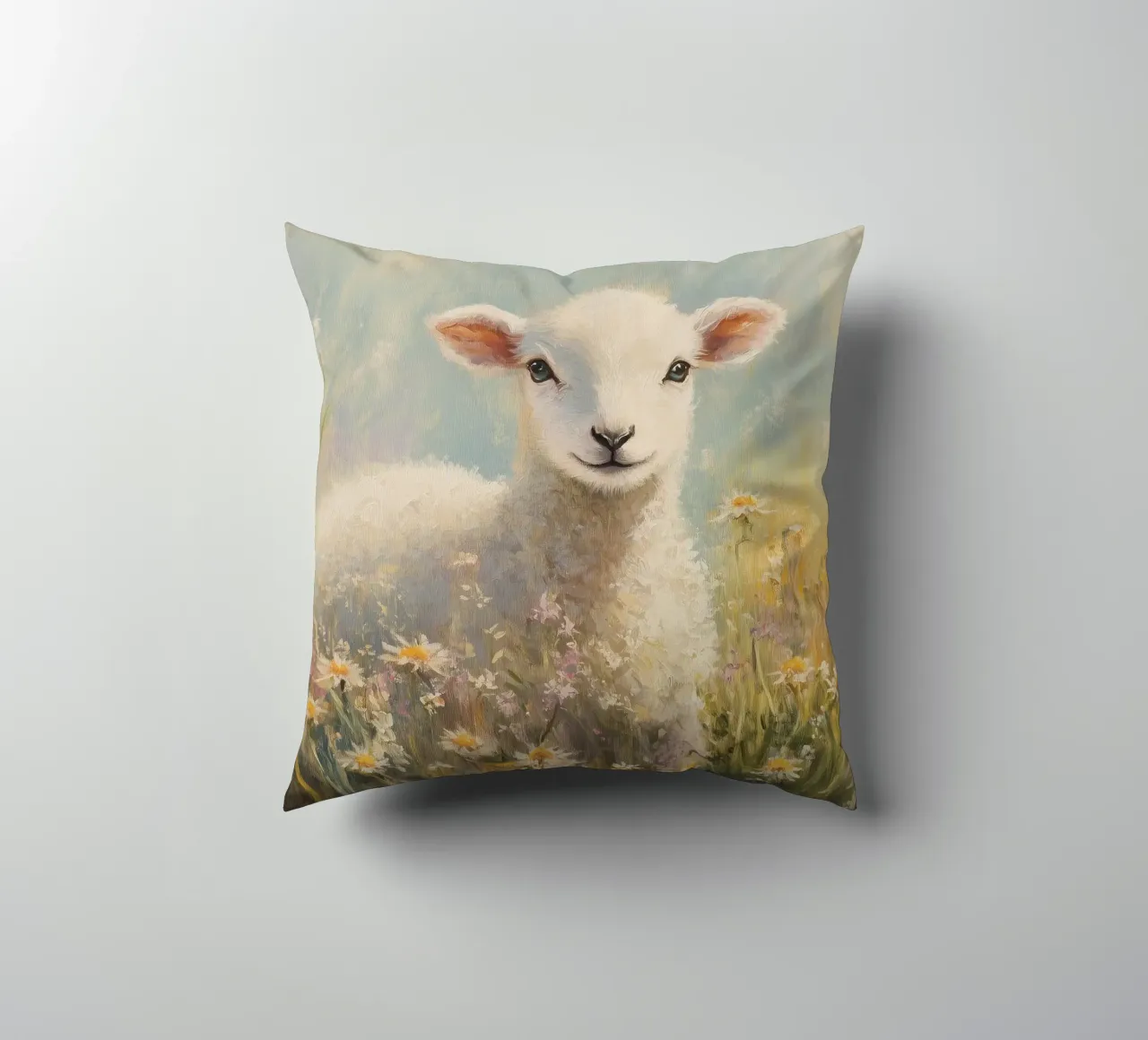 Agnello in un campo di fiori selvatici cuscino da Melloi Art Print