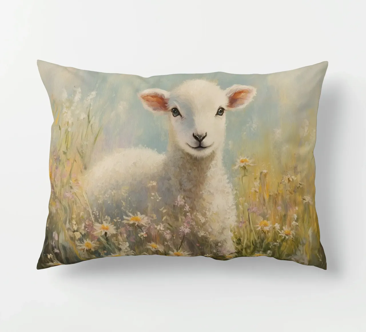 Agnello in un campo di fiori selvatici cuscino da Melloi Art Print