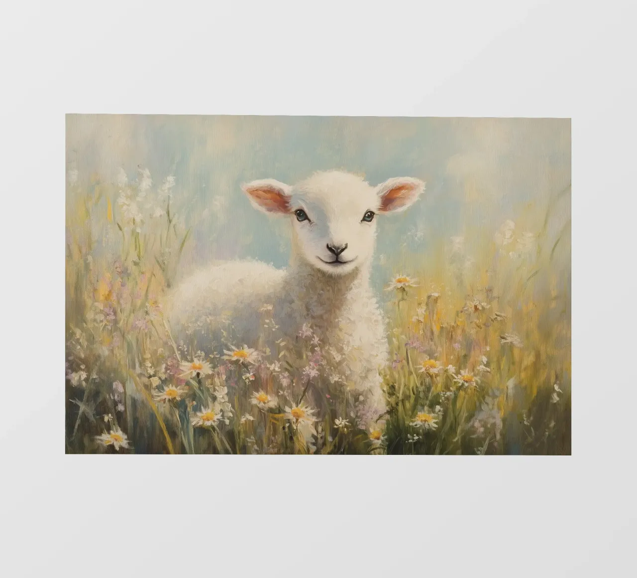Agnello in un campo di fiori selvatici pellicola backlit da Melloi Art Print