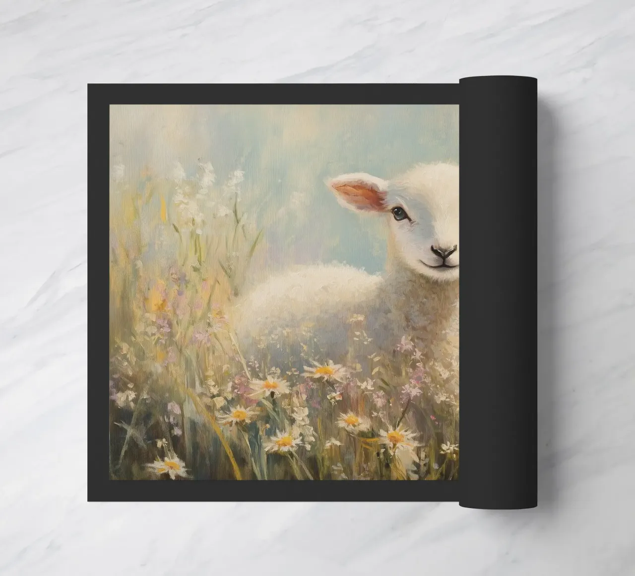 Agnello in un campo di fiori selvatici zerbino da Melloi Art Print
