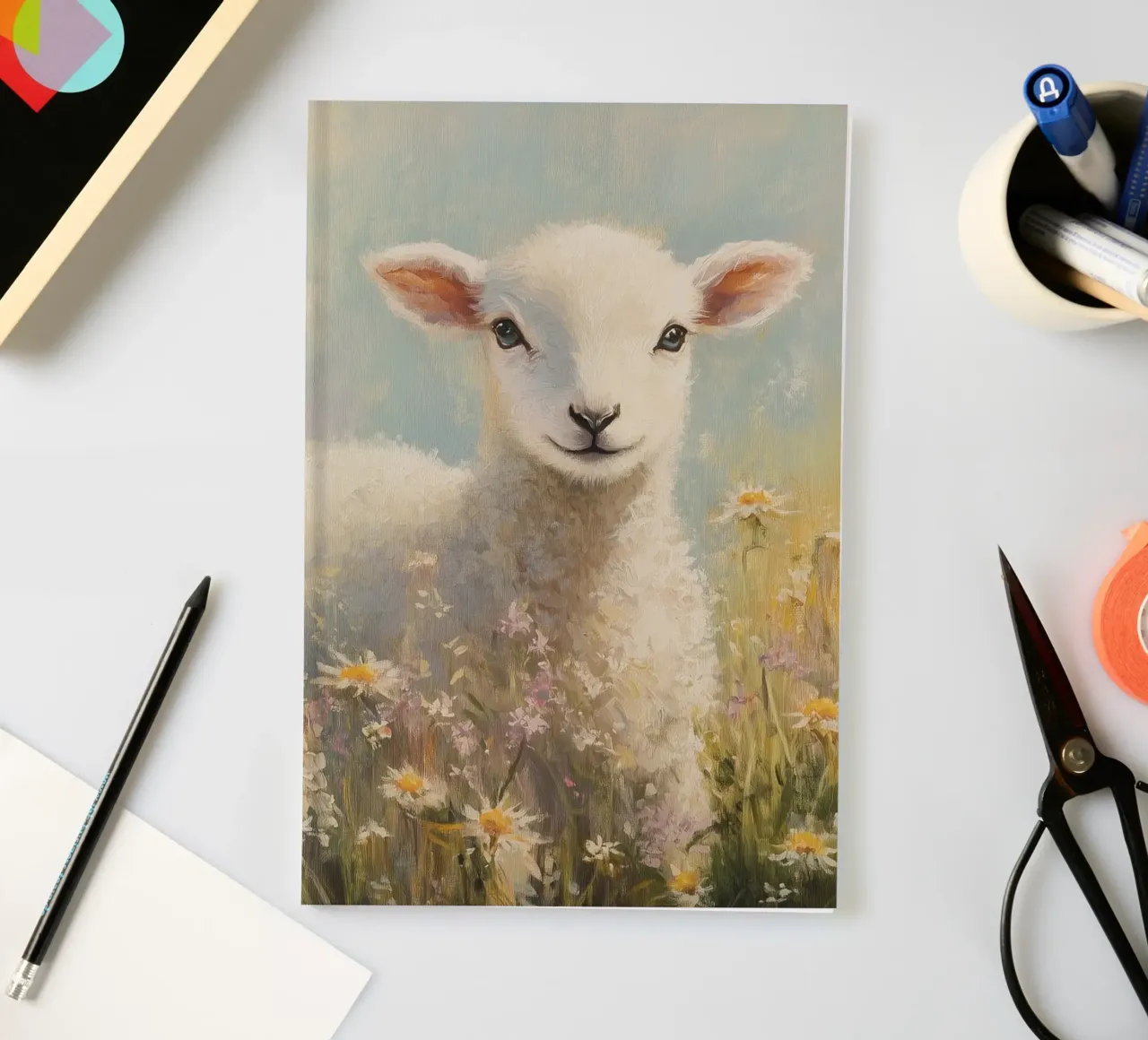 Lamb in Wildflower Field notebook by Melloi Art Print