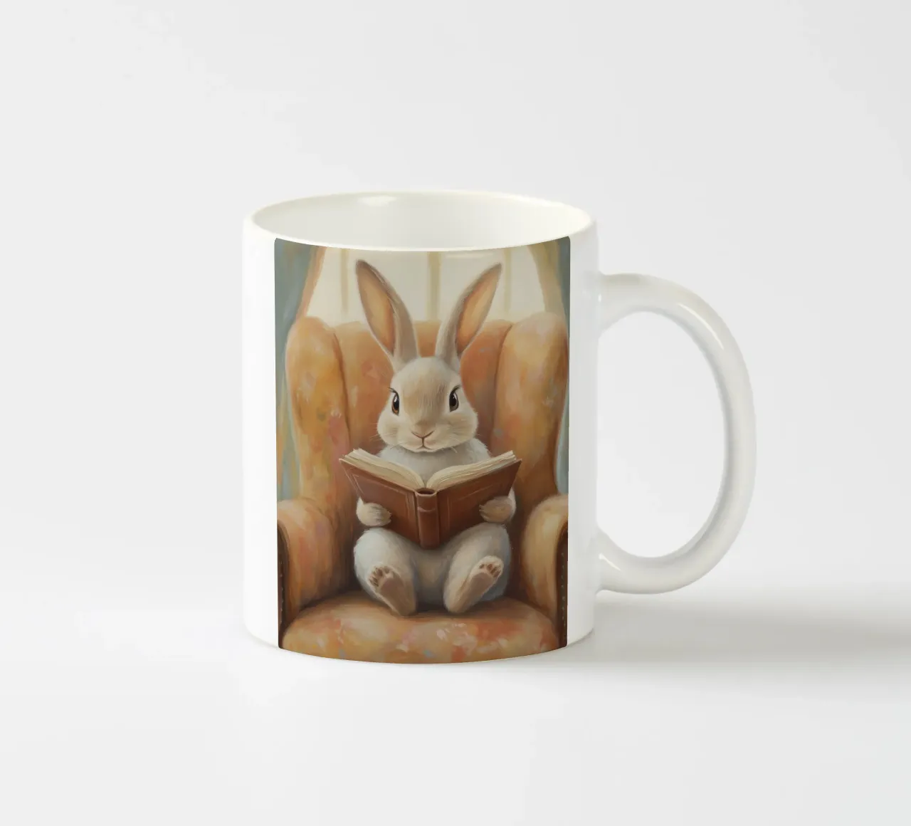 Coniglio che legge in un'accogliente poltrona tazza in ceramica da Melloi Art Print