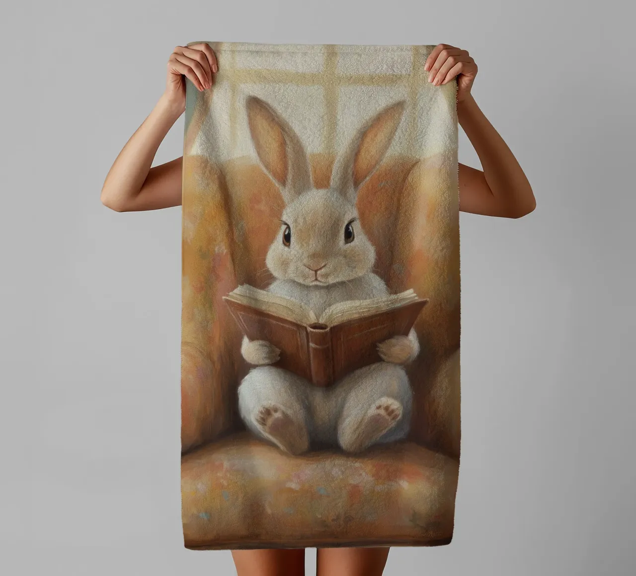 Coniglio che legge in un'accogliente poltrona asciugamano da bagno da Melloi Art Print