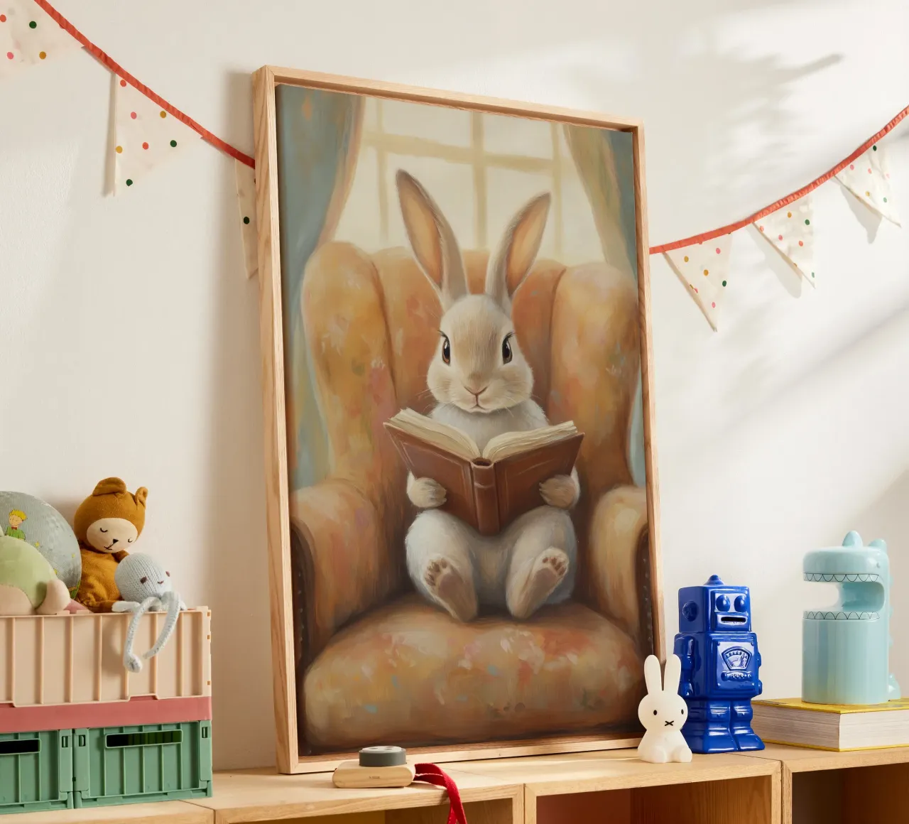 Konijn leest in luie stoel canvas met Baklijst van Melloi Art Print