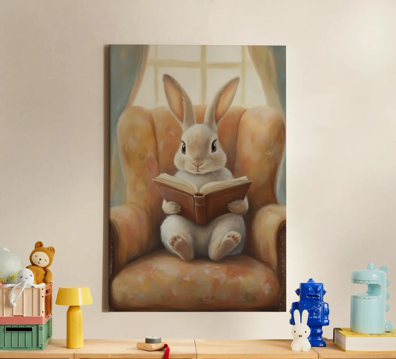 Konijn leest in luie stoel canvas met Baklijst van Melloi Art Print