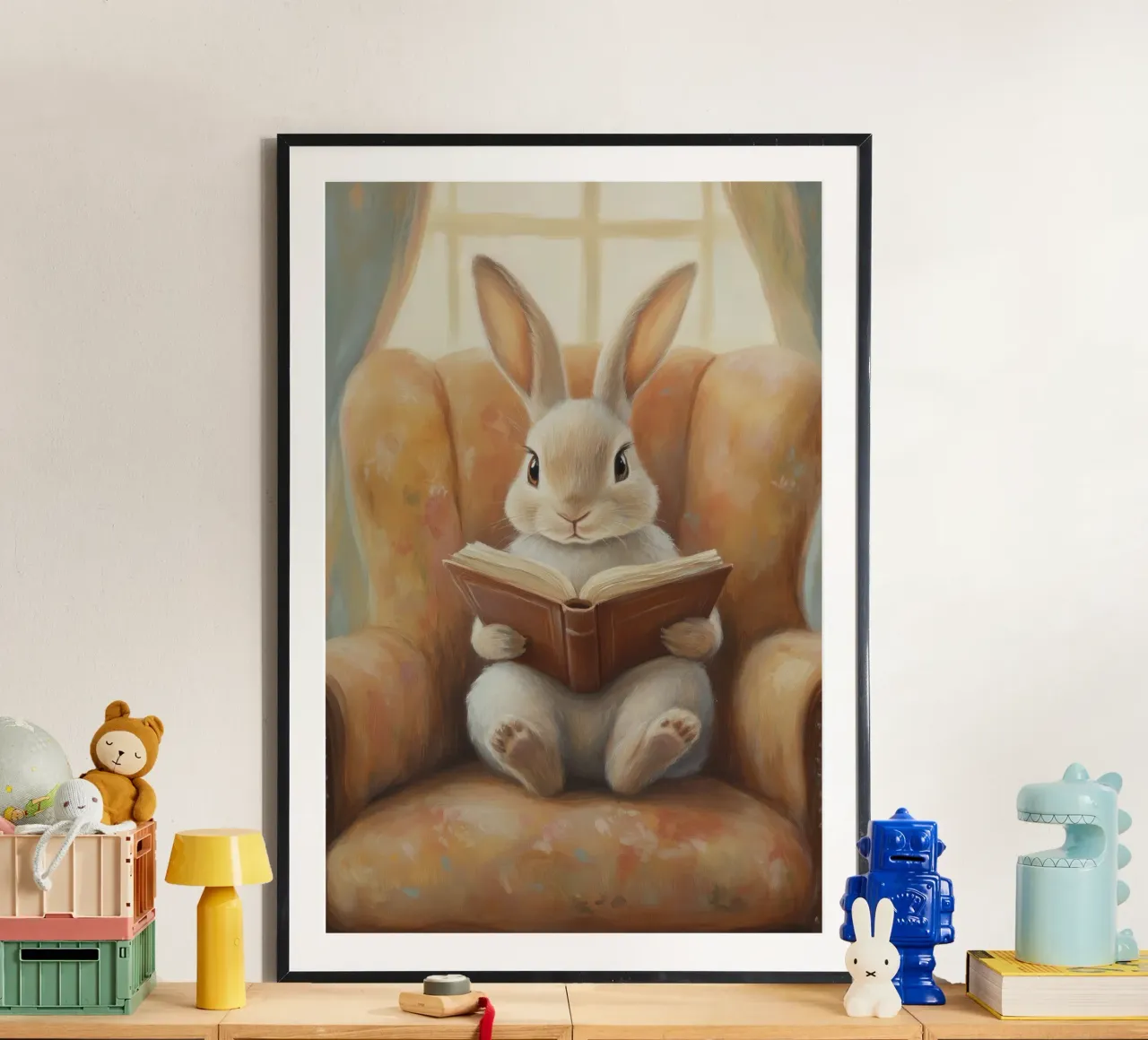 Coniglio che legge in un'accogliente poltrona poster da Melloi Art Print