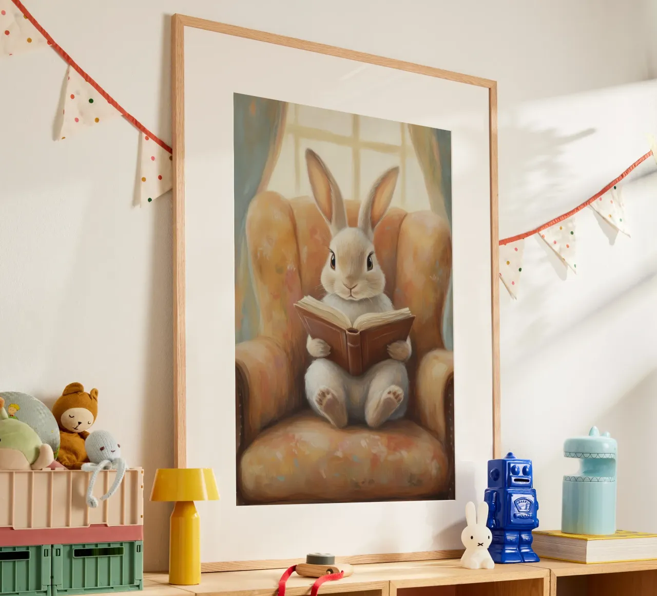 Coniglio che legge in un'accogliente poltrona poster da Melloi Art Print