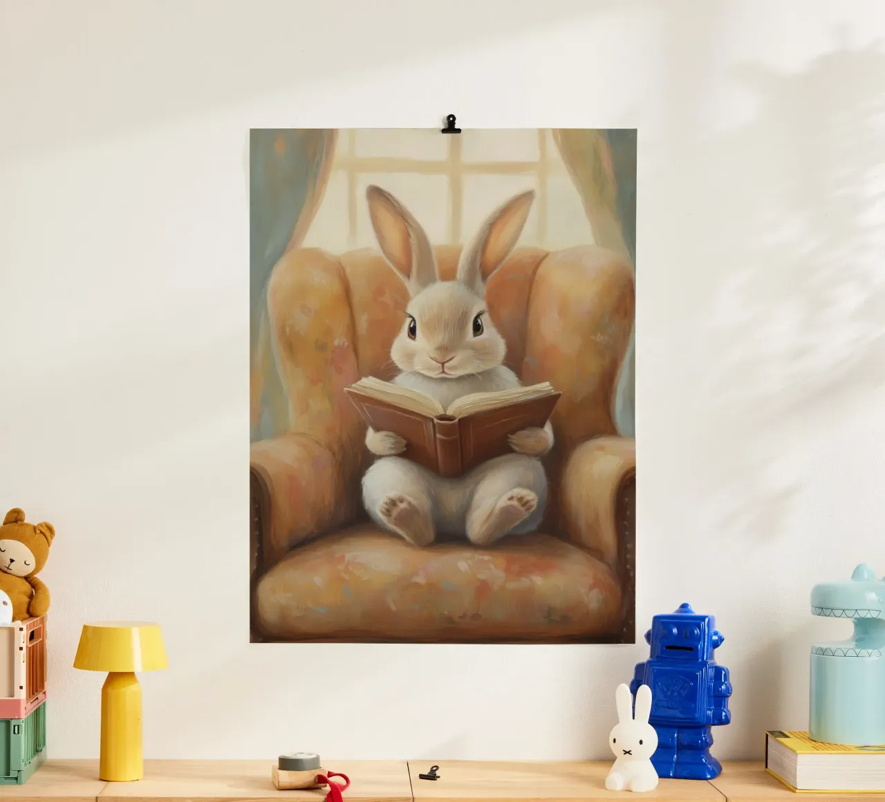 Coniglio che legge in un'accogliente poltrona poster da Melloi Art Print