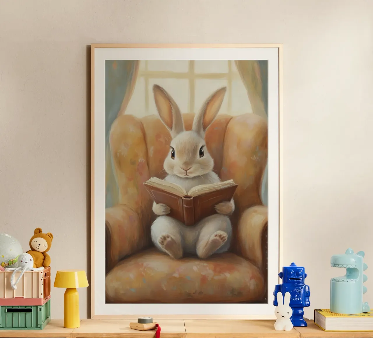 Coniglio che legge in un'accogliente poltrona poster da Melloi Art Print