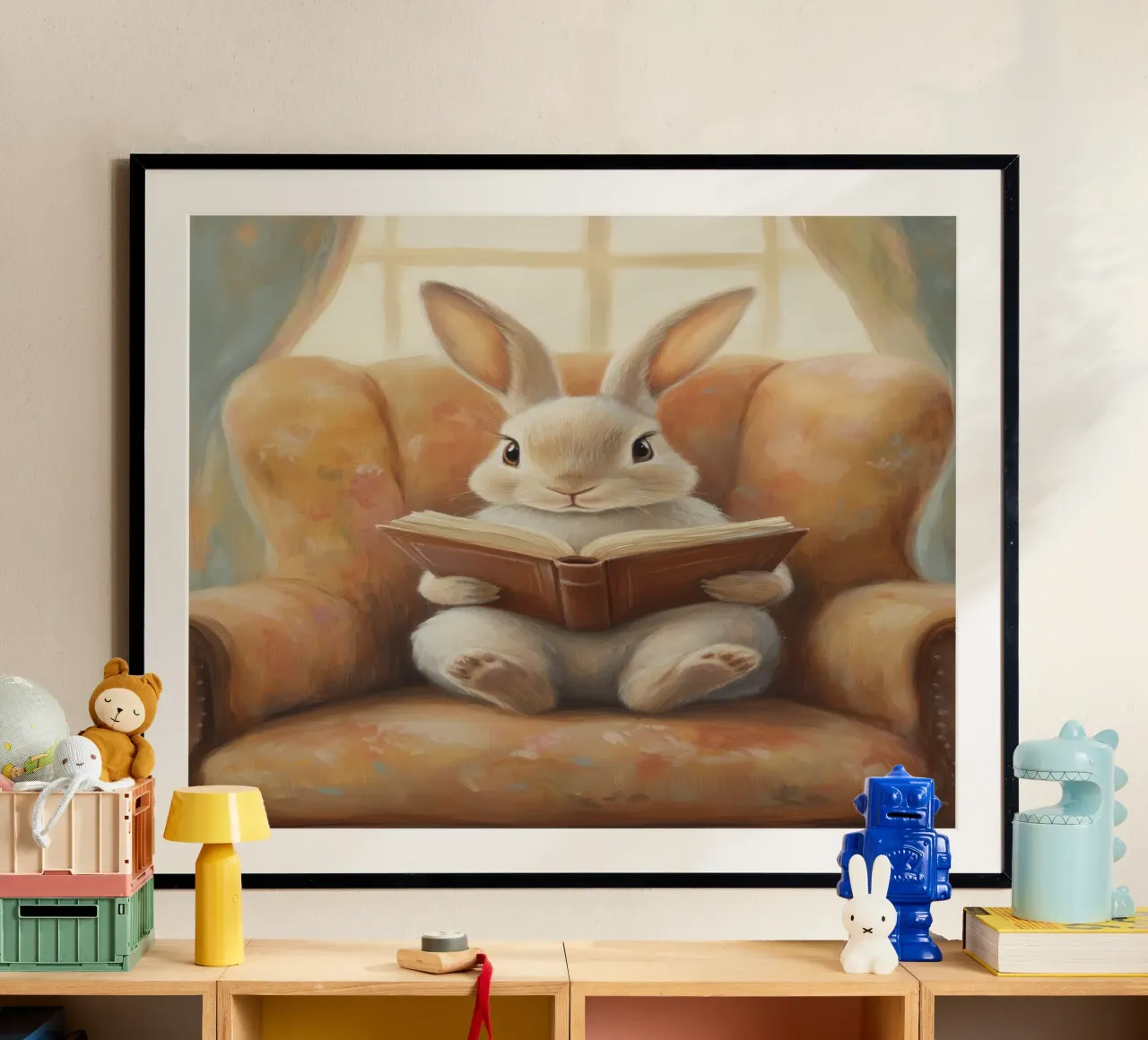 Coniglio che legge in un'accogliente poltrona poster da Melloi Art Print