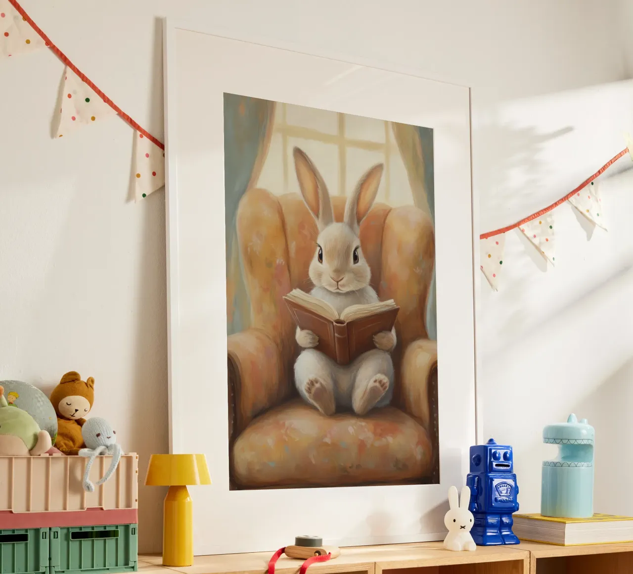 Coniglio che legge in un'accogliente poltrona poster da Melloi Art Print