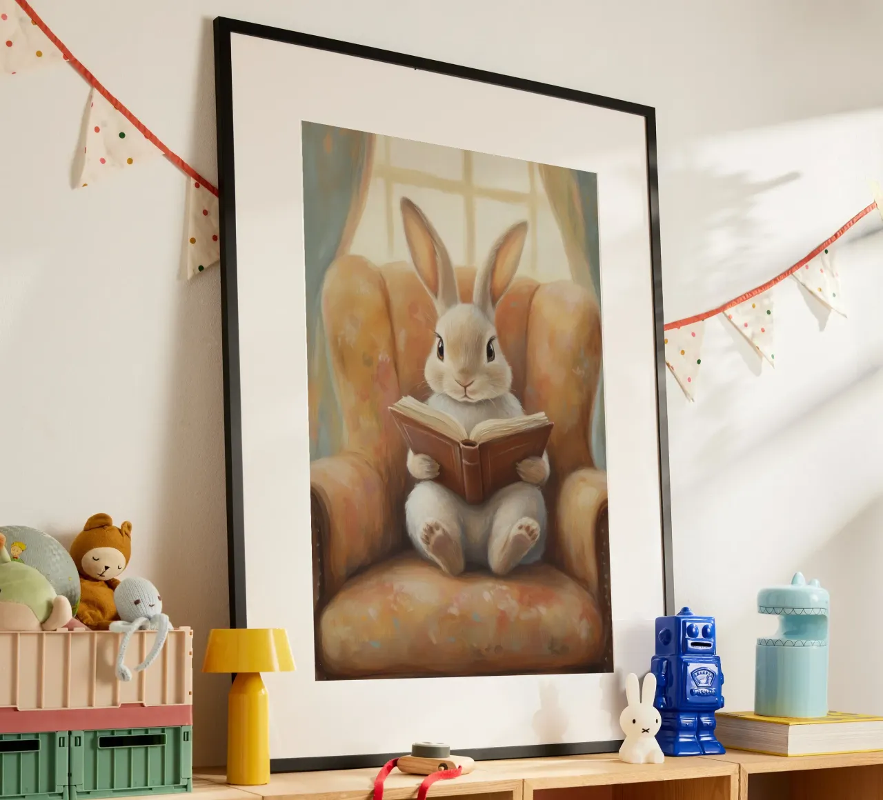 Coniglio che legge in un'accogliente poltrona poster da Melloi Art Print