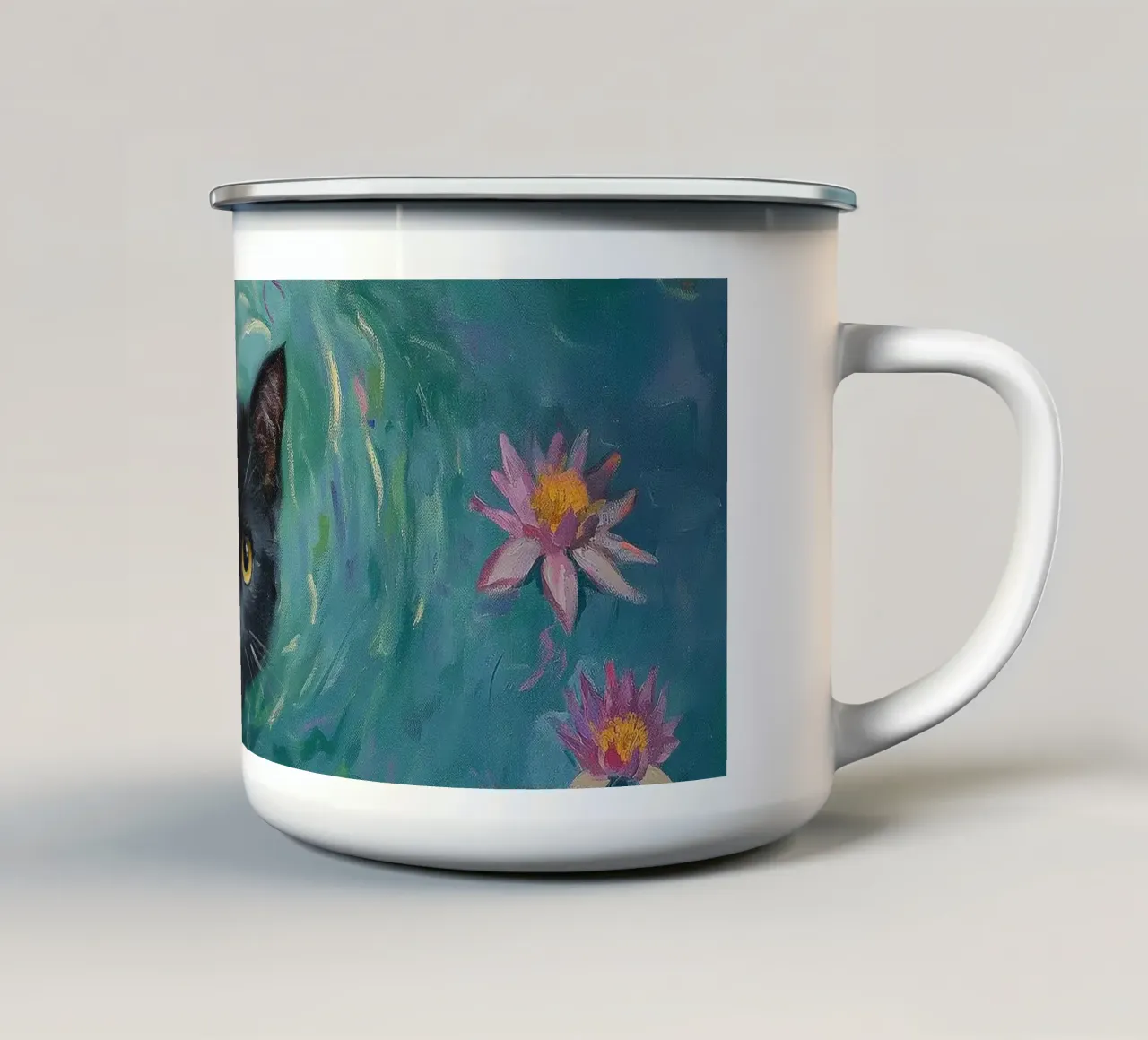 Gatto nero che nuota tra le ninfee tazza in smalto da Melloi Art Print
