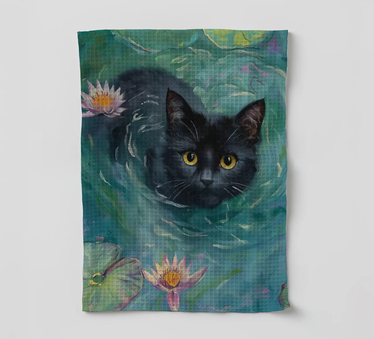 Chat noir nageant parmi les lys torchon de Melloi Art Print