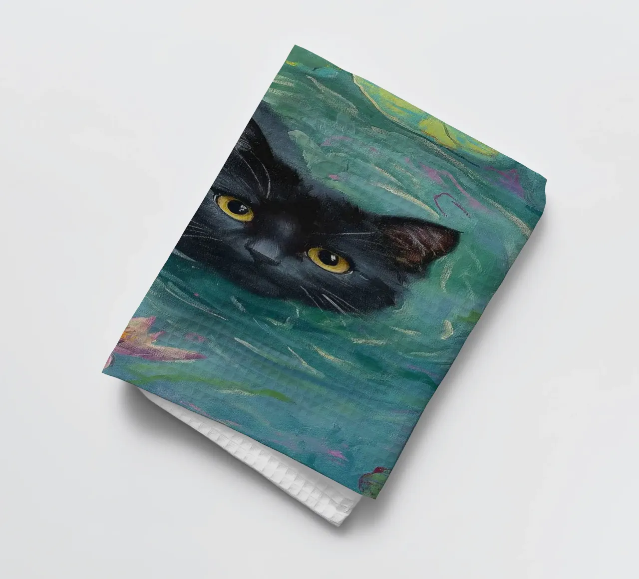 Chat noir nageant parmi les lys torchon de Melloi Art Print