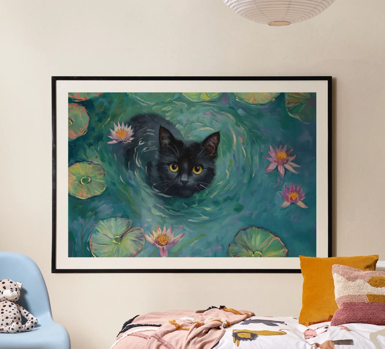 Black Cat Swimming Among Lilies poster by Melloi Art Print