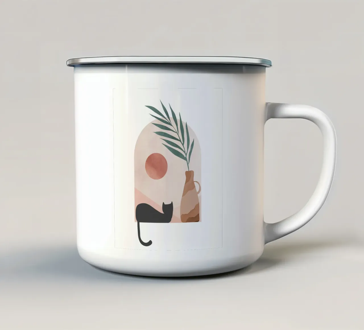 Minimalistische kat met zonsondergang emaille mok van Melloi Art Print