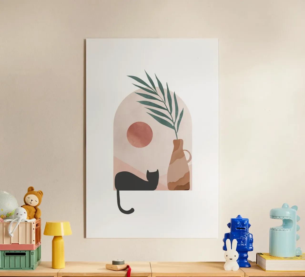 Minimalist Cat with Sunset Background acrylic glass by Melloi Art Print