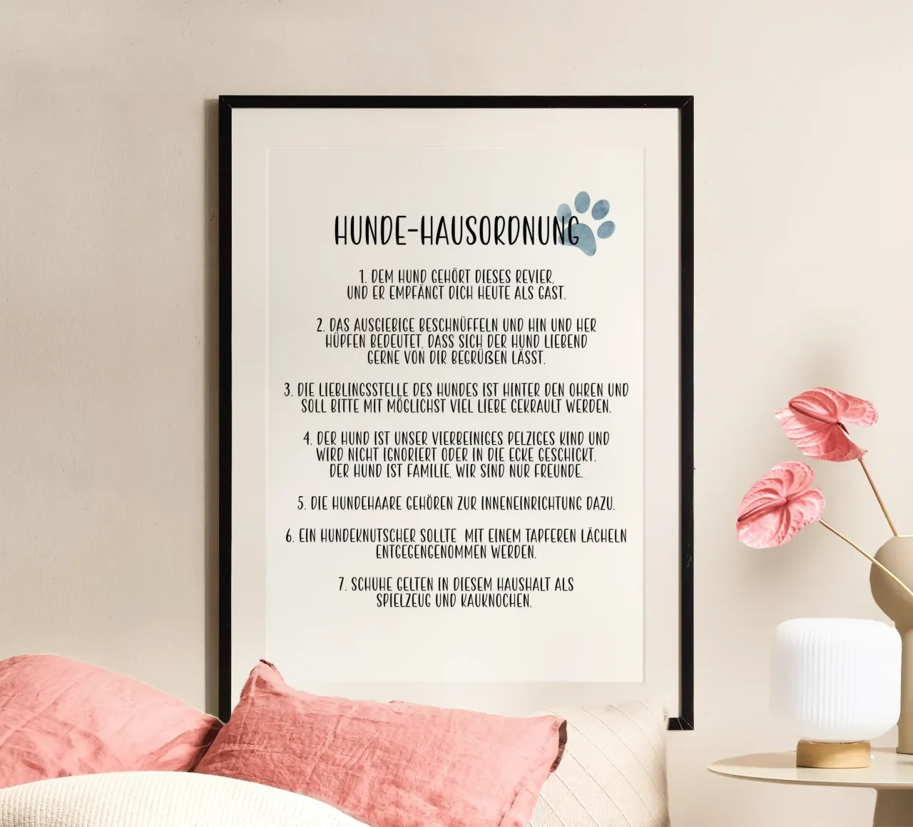 Hunde Hausordnung poster con telaio in legno da BAINAI QUOTES