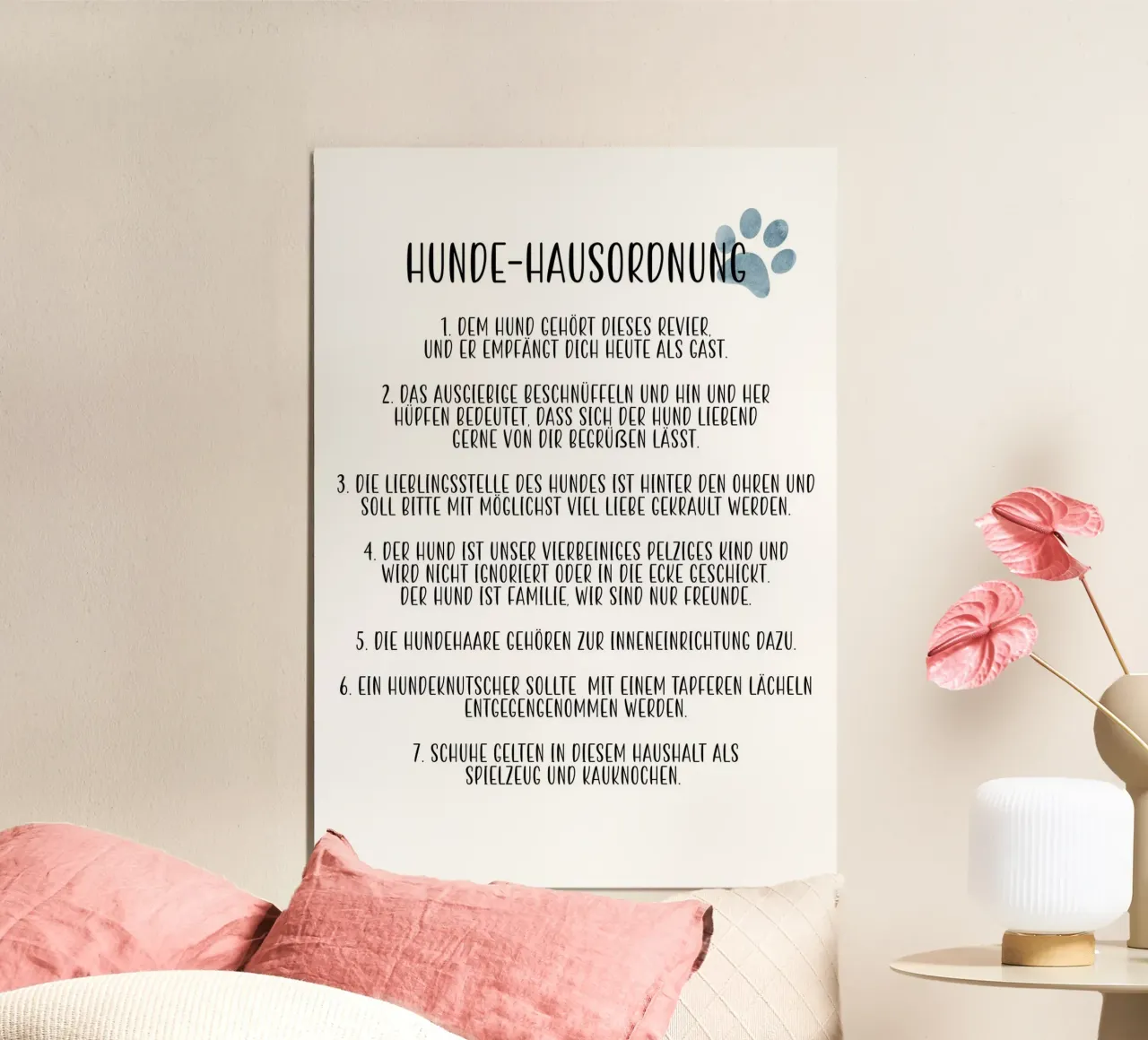Hunde Hausordnung poster con telaio in legno da BAINAI QUOTES