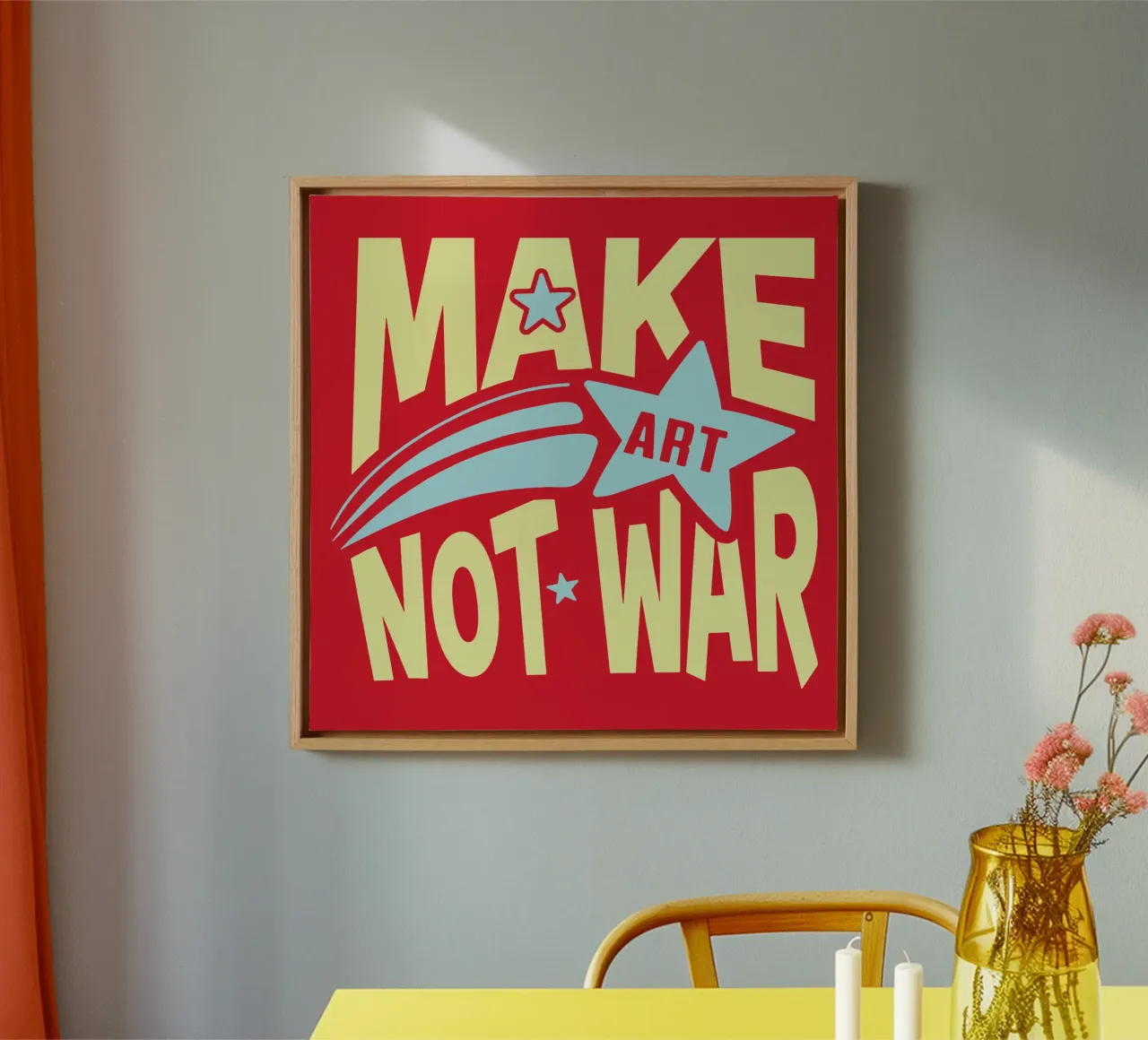 Maak kunst, geen oorlog canvas met Baklijst van Gunawan Rb
