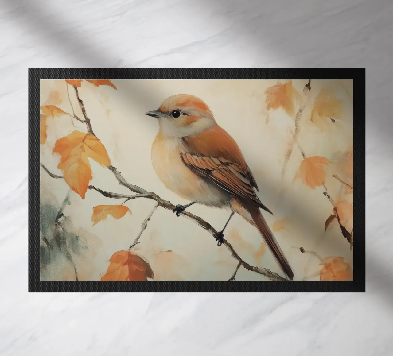 Uccello autunnale appollaiato su un ramo zerbino da Melloi Art Print