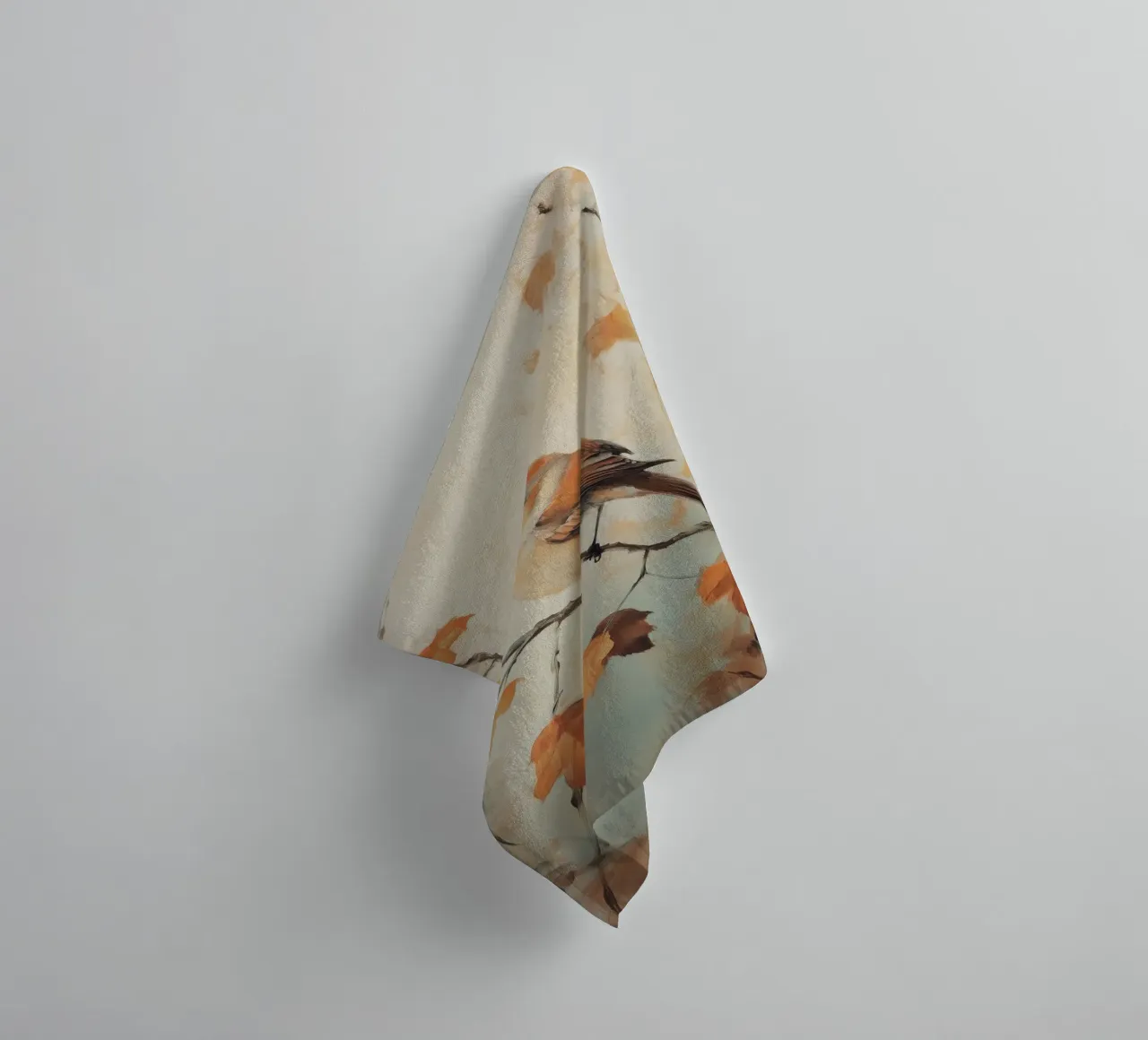 Autumn Bird Perched on Branch towel by Melloi Art Print