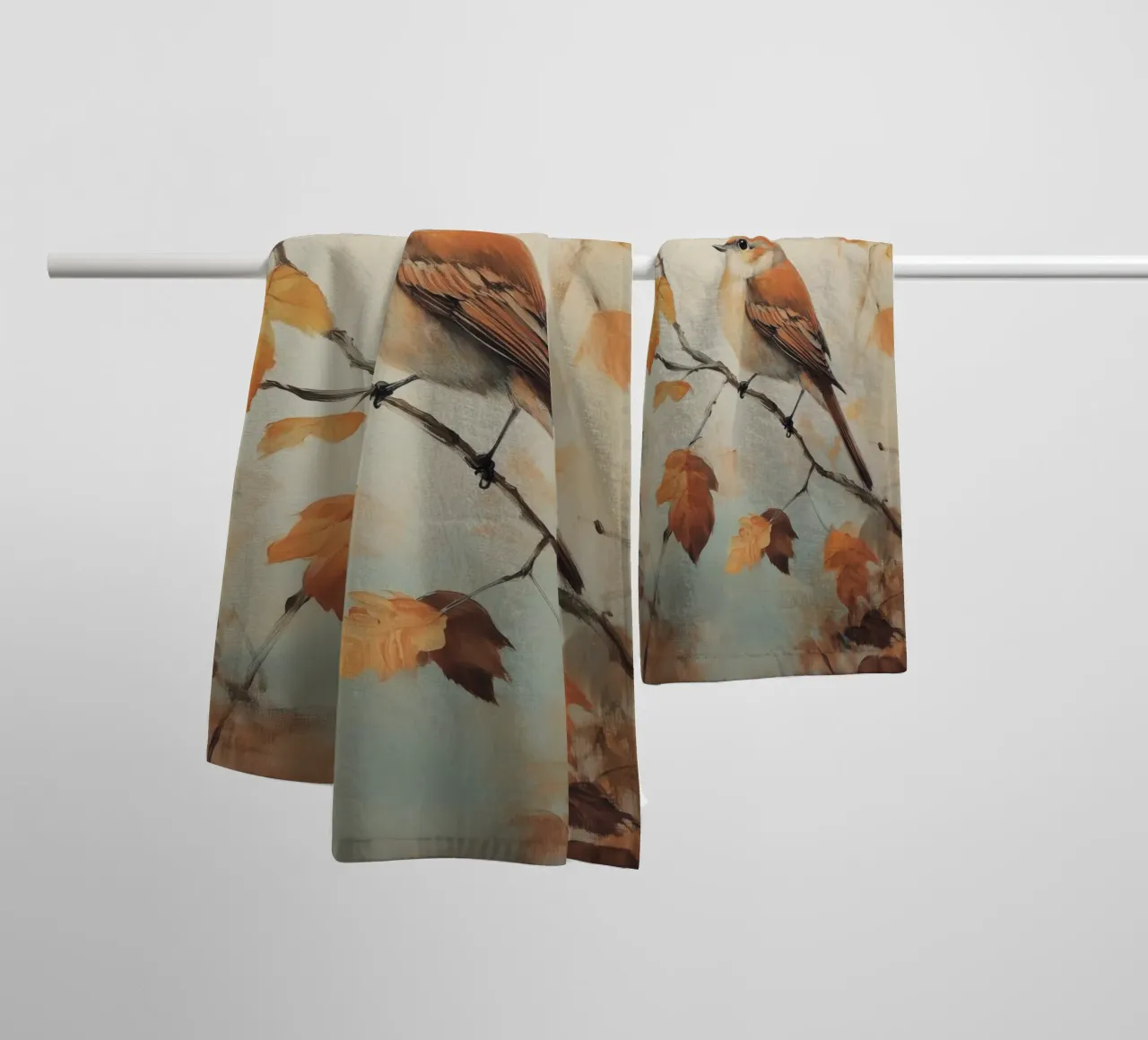 Autumn Bird Perched on Branch towel by Melloi Art Print