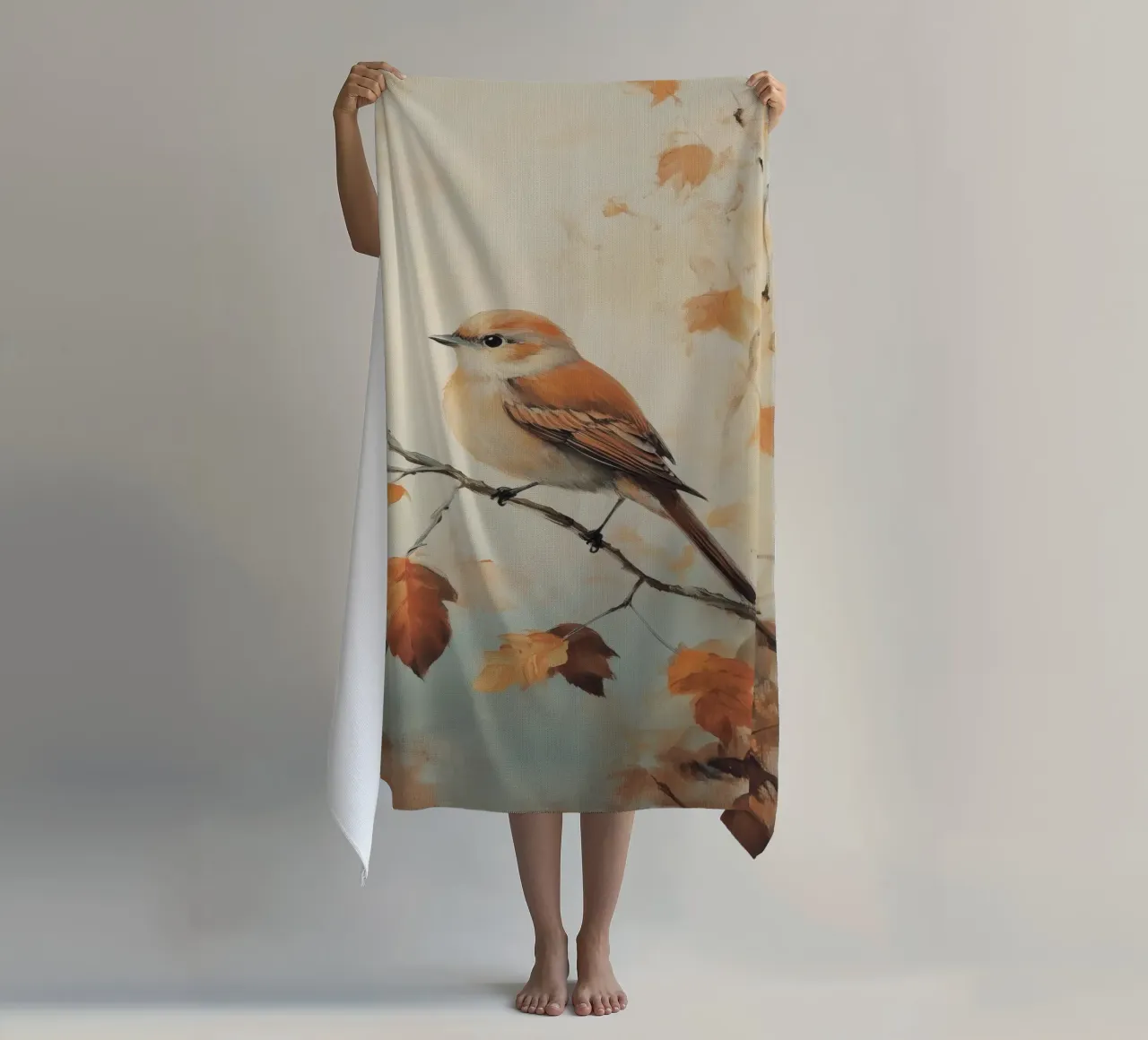 Uccello autunnale appollaiato su un ramo telo mare da Melloi Art Print
